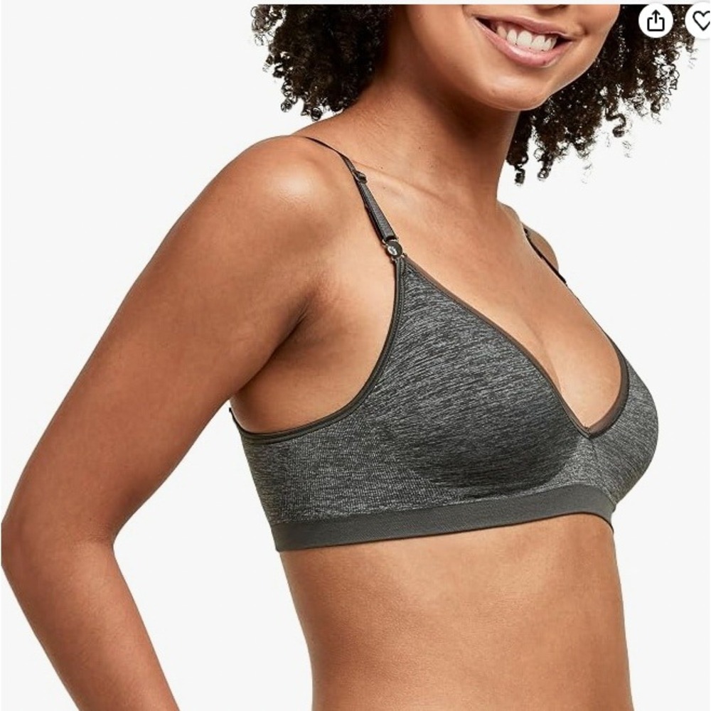 Hanes Comfy Support Wireless Bra Size Large Gray Black Convertible Straps Sporty